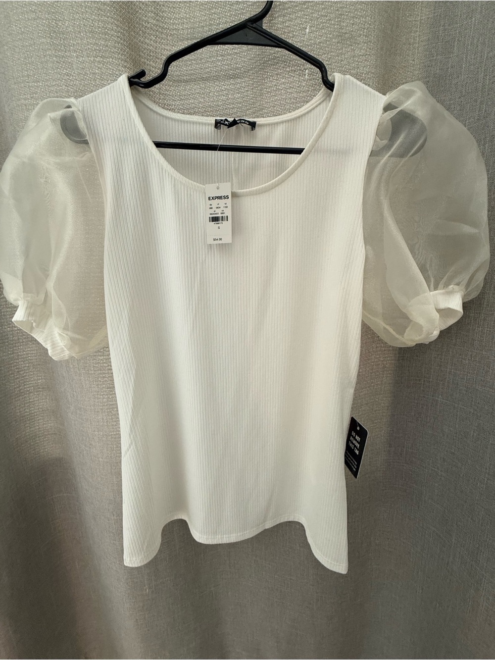Express White Ribbed Top with Sheer Puff Sleeves
